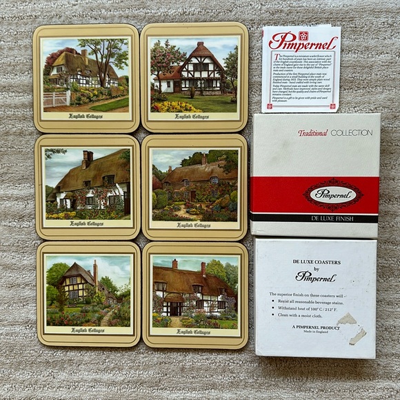 Pimpernel Coasters English Cottages Set of 6 Cork Backed Barware Vintage - Picture 1 of 16